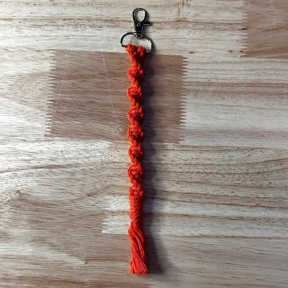 Handmade Orange Macrame Spiral Keychain Boho Cotton Bag Charm Silver Swivel Hook